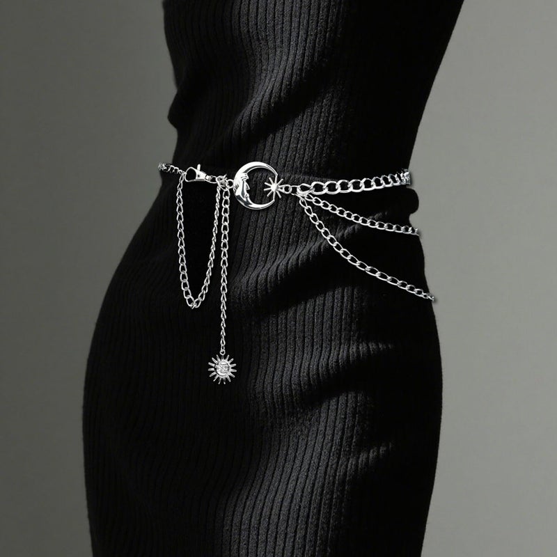 Pinsit Moon and Sun 3 Layered Metal Waist Chain Belt, Chain belt, Chain Belts for Women Dress Jeans(Silver) - Image 4